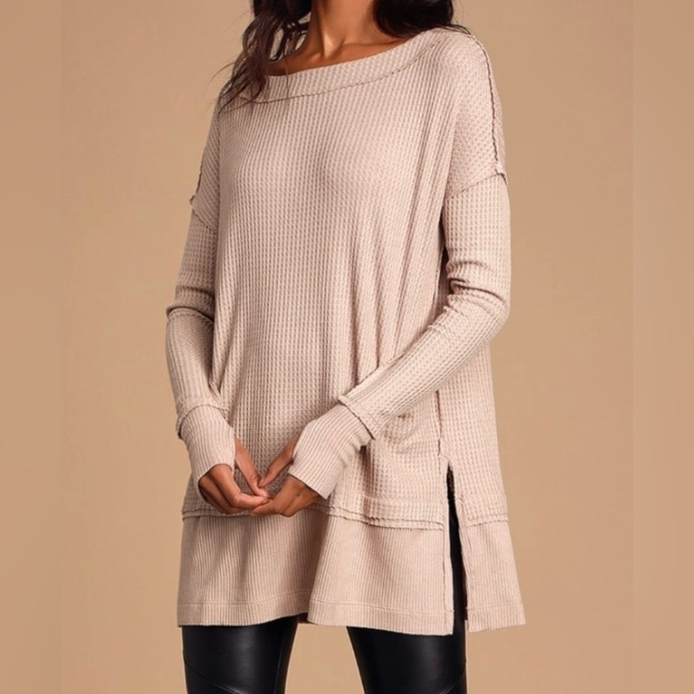 Free People Oversized Waffle Knit Tunic in Beige